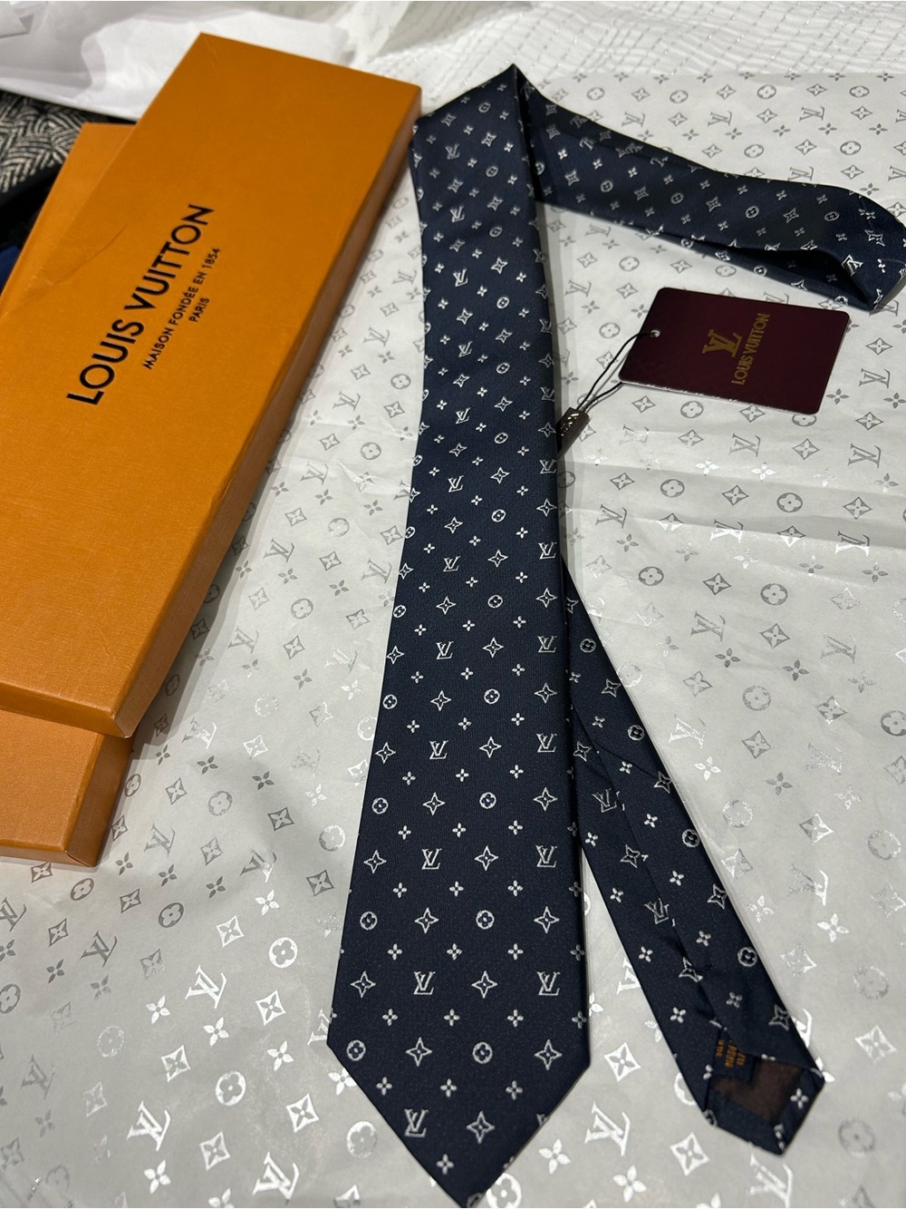 Louis Vuitton Navy Monogram Silk Tie with White Motifs